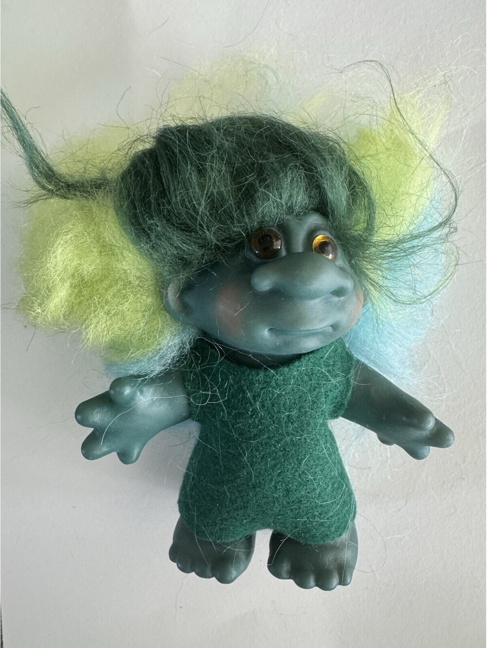 Vintage 1986 DAM Troll Doll Green Teal Body Multicolor Hair Felt Outfit 5”